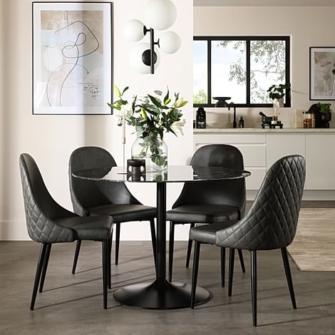 Orbit Round Dining Table & 4 Ricco Dining Chairs, Black Marble Effect & Black Steel, Vintage Grey Premium Faux Leather, 110cm