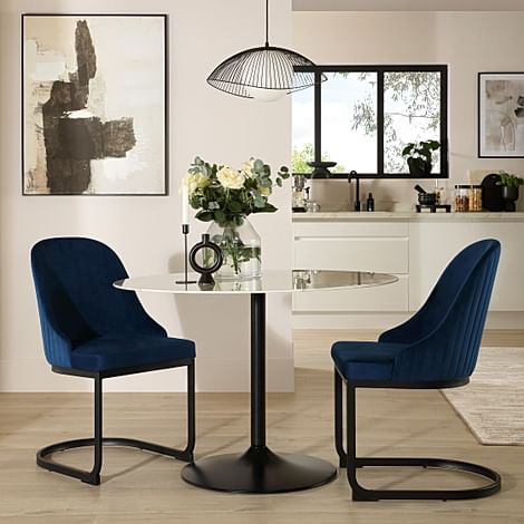 Orbit Round Dining Table & 2 Riva Dining Chairs, White Marble Effect & Black Steel, Blue Classic Velvet, 110cm