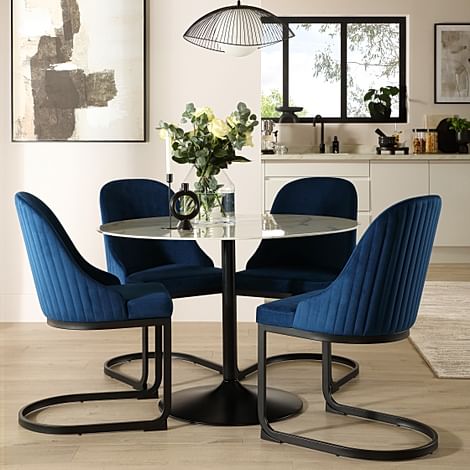 Orbit Round Dining Table & 4 Riva Dining Chairs, White Marble Effect & Black Steel, Blue Classic Velvet, 110cm