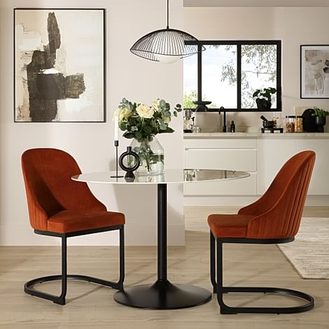 Orbit Round Dining Table & 2 Riva Dining Chairs, White Marble Effect & Black Steel, Burnt Orange Classic Velvet, 110cm