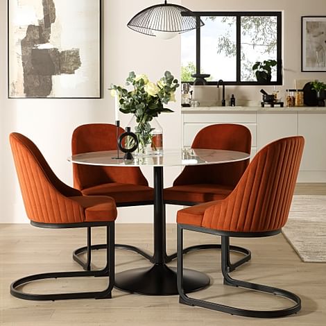 Orbit Round Dining Table & 4 Riva Dining Chairs, White Marble Effect & Black Steel, Burnt Orange Classic Velvet, 110cm