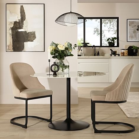 Orbit Round Dining Table & 2 Riva Dining Chairs, White Marble Effect & Black Steel, Champagne Classic Velvet, 110cm