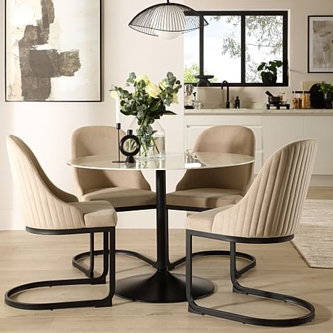 Orbit Round Dining Table & 4 Riva Dining Chairs, White Marble Effect & Black Steel, Champagne Classic Velvet, 110cm