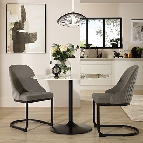 Orbit Round Dining Table & 2 Riva Dining Chairs, White Marble Effect & Black Steel, Grey Classic Velvet, 110cm