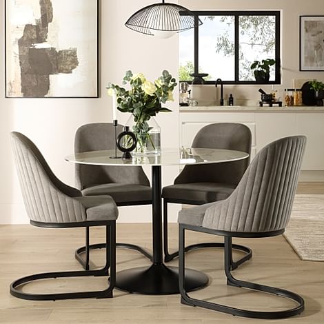 Orbit Round Dining Table & 4 Riva Dining Chairs, White Marble Effect & Black Steel, Grey Classic Velvet, 110cm