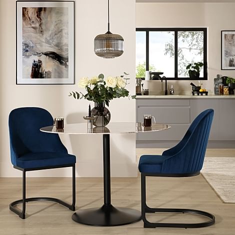 Orbit Round Dining Table & 2 Riva Dining Chairs, Grey Marble Effect & Black Steel, Blue Classic Velvet, 110cm