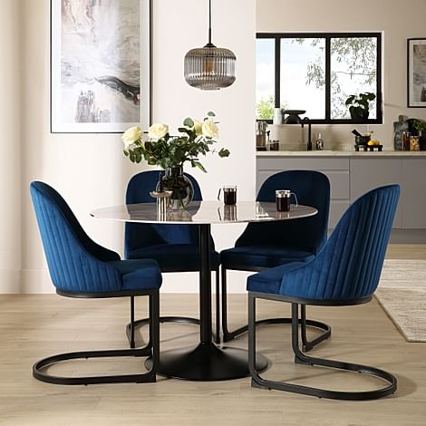 Orbit Round Dining Table & 4 Riva Dining Chairs, Grey Marble Effect & Black Steel, Blue Classic Velvet, 110cm