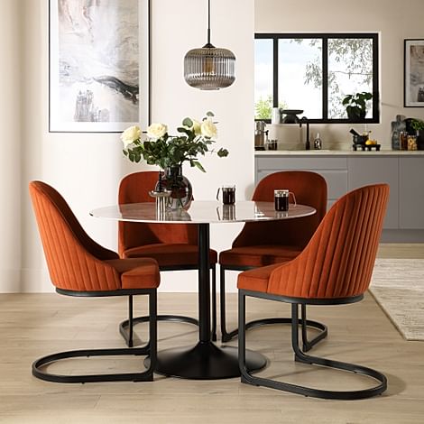 Orbit Round Dining Table & 4 Riva Dining Chairs, Grey Marble Effect & Black Steel, Burnt Orange Classic Velvet, 110cm