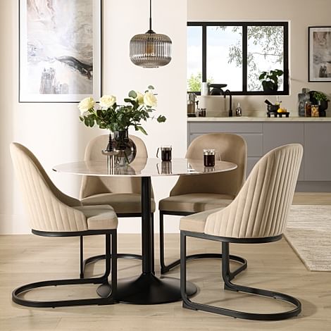 Orbit Round Dining Table & 4 Riva Dining Chairs, Grey Marble Effect & Black Steel, Champagne Classic Velvet, 110cm