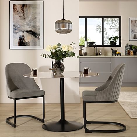 Orbit Round Dining Table & 2 Riva Dining Chairs, Grey Marble Effect & Black Steel, Grey Classic Velvet, 110cm