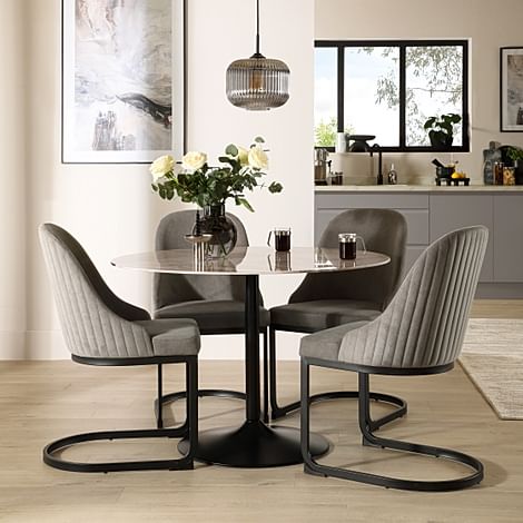 Orbit Round Dining Table & 4 Riva Dining Chairs, Grey Marble Effect & Black Steel, Grey Classic Velvet, 110cm