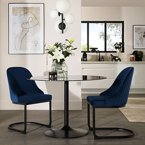 Orbit Round Dining Table & 2 Riva Dining Chairs, Black Marble Effect & Black Steel, Blue Classic Velvet, 110cm