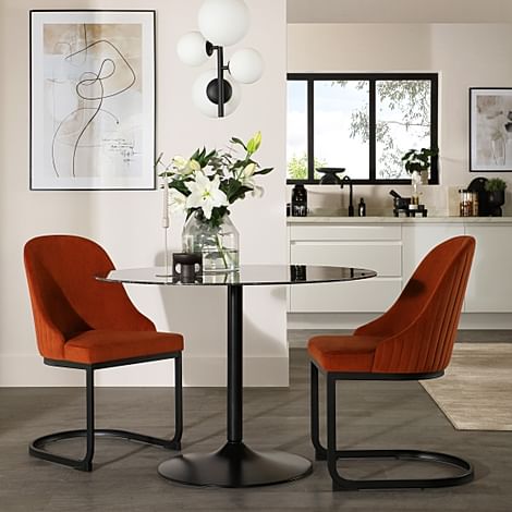 Orbit Round Dining Table & 2 Riva Dining Chairs, Black Marble Effect & Black Steel, Burnt Orange Classic Velvet, 110cm