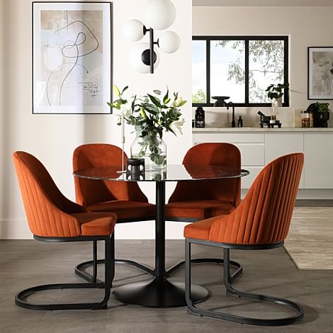 Orbit Round Dining Table & 4 Riva Dining Chairs, Black Marble Effect & Black Steel, Burnt Orange Classic Velvet, 110cm