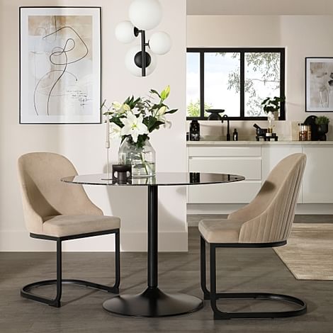 Orbit Round Dining Table & 2 Riva Dining Chairs, Black Marble Effect & Black Steel, Champagne Classic Velvet, 110cm