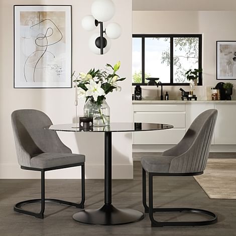 Orbit Round Dining Table & 2 Riva Dining Chairs, Black Marble Effect & Black Steel, Grey Classic Velvet, 110cm