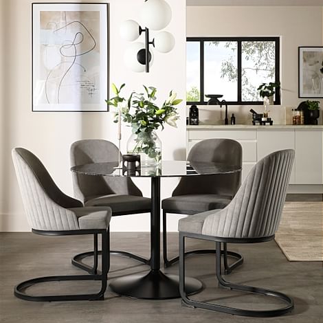 Orbit Round Dining Table & 4 Riva Dining Chairs, Black Marble Effect & Black Steel, Grey Classic Velvet, 110cm
