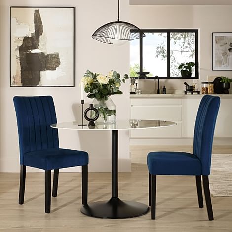 Orbit Round Dining Table & 2 Salisbury Dining Chairs, White Marble Effect & Black Steel, Blue Classic Velvet & Black Solid Hardwood, 110cm