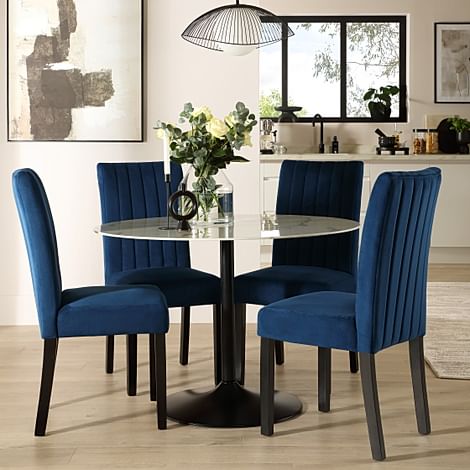 Orbit Round Dining Table & 4 Salisbury Dining Chairs, White Marble Effect & Black Steel, Blue Classic Velvet & Black Solid Hardwood, 110cm