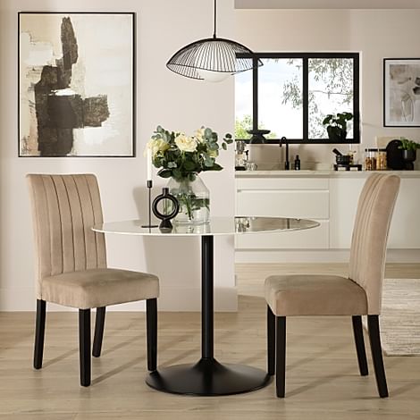 Orbit Round Dining Table & 2 Salisbury Dining Chairs, White Marble Effect & Black Steel, Champagne Classic Velvet & Black Solid Hardwood, 110cm