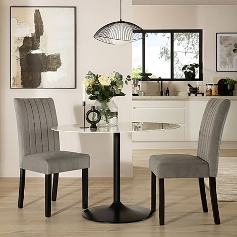 Orbit Round Dining Table & 2 Salisbury Dining Chairs, White Marble Effect & Black Steel, Grey Classic Velvet & Black Solid Hardwood, 110cm