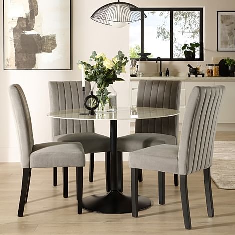 Orbit Round Dining Table & 4 Salisbury Dining Chairs, White Marble Effect & Black Steel, Grey Classic Velvet & Black Solid Hardwood, 110cm