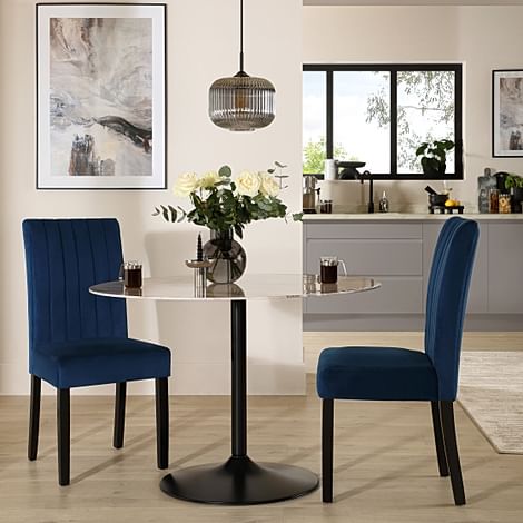Orbit Round Dining Table & 2 Salisbury Dining Chairs, Grey Marble Effect & Black Steel, Blue Classic Velvet & Black Solid Hardwood, 110cm