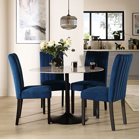 Orbit Round Dining Table & 4 Salisbury Dining Chairs, Grey Marble Effect & Black Steel, Blue Classic Velvet & Black Solid Hardwood, 110cm