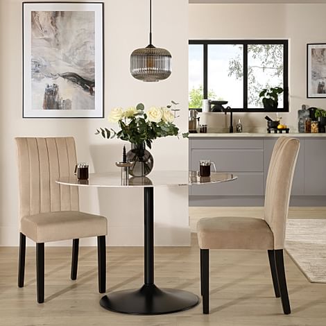 Orbit Round Dining Table & 2 Salisbury Dining Chairs, Grey Marble Effect & Black Steel, Champagne Classic Velvet & Black Solid Hardwood, 110cm