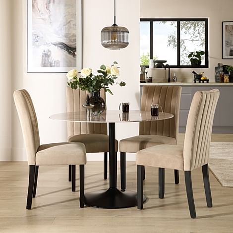 Orbit Round Dining Table & 4 Salisbury Dining Chairs, Grey Marble Effect & Black Steel, Champagne Classic Velvet & Black Solid Hardwood, 110cm