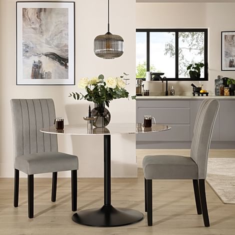 Orbit Round Dining Table & 2 Salisbury Dining Chairs, Grey Marble Effect & Black Steel, Grey Classic Velvet & Black Solid Hardwood, 110cm