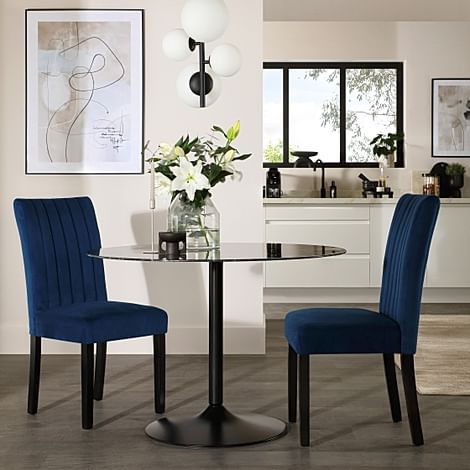Orbit Round Dining Table & 2 Salisbury Dining Chairs, Black Marble Effect & Black Steel, Blue Classic Velvet & Black Solid Hardwood, 110cm