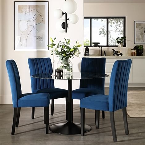 Orbit Round Dining Table & 4 Salisbury Dining Chairs, Black Marble Effect & Black Steel, Blue Classic Velvet & Black Solid Hardwood, 110cm