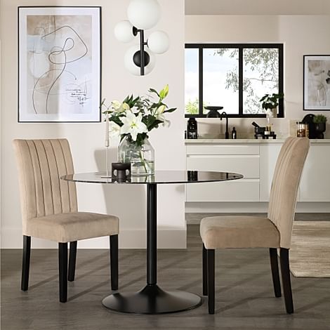 Orbit Round Dining Table & 2 Salisbury Dining Chairs, Black Marble Effect & Black Steel, Champagne Classic Velvet & Black Solid Hardwood, 110cm