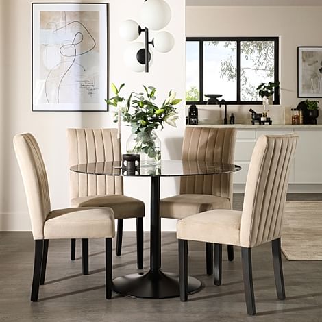 Orbit Round Dining Table & 4 Salisbury Dining Chairs, Black Marble Effect & Black Steel, Champagne Classic Velvet & Black Solid Hardwood, 110cm