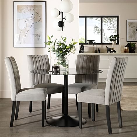 Orbit Round Dining Table & 4 Salisbury Dining Chairs, Black Marble Effect & Black Steel, Grey Classic Velvet & Black Solid Hardwood, 110cm