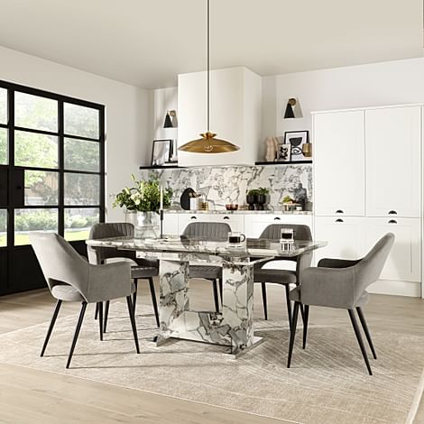 Florence Extending Dining Table & 4 Clara Chairs, Calacatta Viola Marble Effect, Grey Classic Velvet & Black Steel, 120-160cm