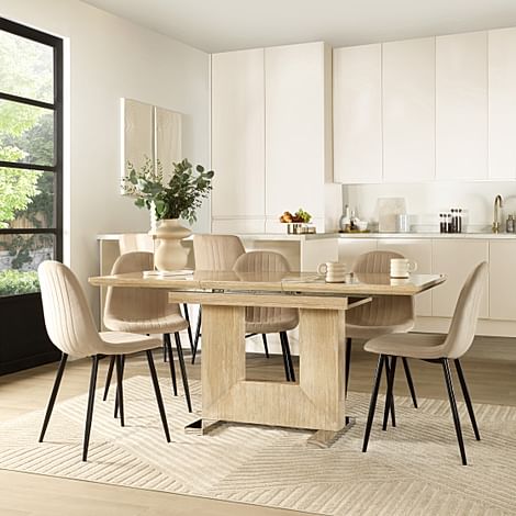 Florence Extending Dining Table & 6 Brooklyn Chairs, Travertine Stone Effect, Champagne Classic Velvet & Black Steel, 120-160cm