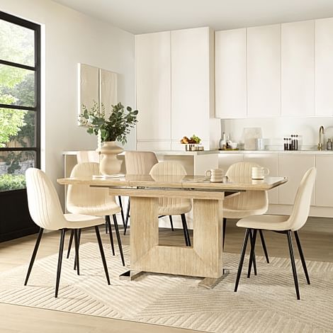 Florence Extending Dining Table & 4 Brooklyn Chairs, Travertine Stone Effect, Ivory Classic Plush Fabric & Black Steel, 120-160cm