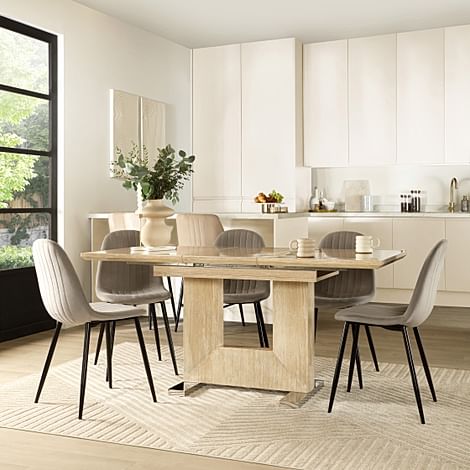 Florence Extending Dining Table & 4 Brooklyn Chairs, Travertine Stone Effect, Grey Classic Velvet & Black Steel, 120-160cm