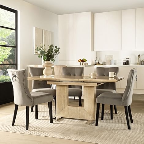 Florence Extending Dining Table & 4 Kensington Chairs, Travertine Stone Effect, Grey Classic Velvet & Black Solid Hardwood, 120-160cm