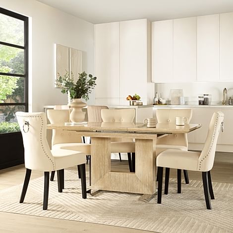 Florence Extending Dining Table & 4 Kensington Chairs, Travertine Stone Effect, Ivory Classic Plush Fabric & Black Solid Hardwood, 120-160cm