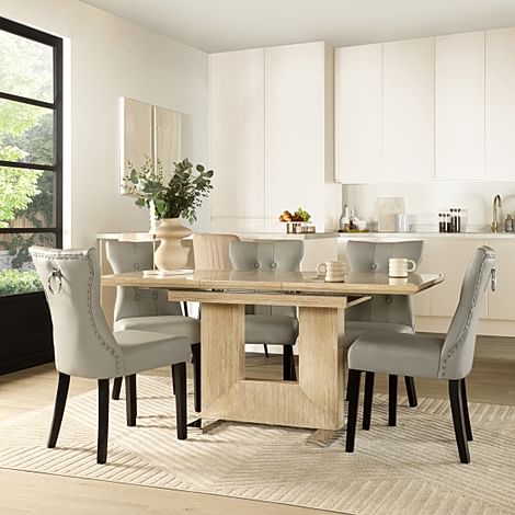 Florence Extending Dining Table & 4 Kensington Chairs, Travertine Stone Effect, Light Grey Classic Faux Leather & Black Solid Hardwood, 120-160cm