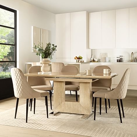 Florence Extending Dining Table & 4 Ricco Chairs, Travertine Stone Effect, Champagne Classic Velvet & Black Steel, 120-160cm