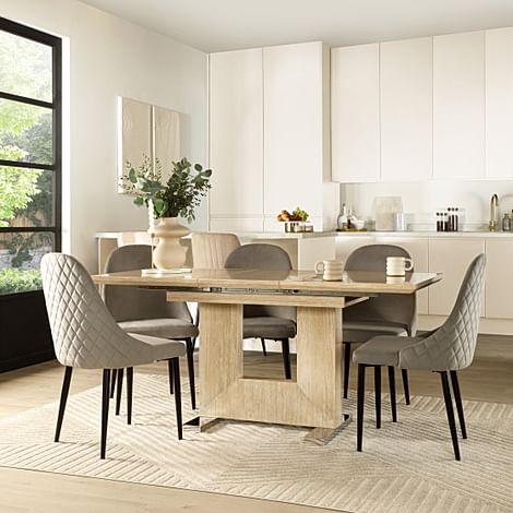 Florence Extending Dining Table & 4 Ricco Chairs, Travertine Stone Effect, Grey Classic Velvet & Black Steel, 120-160cm
