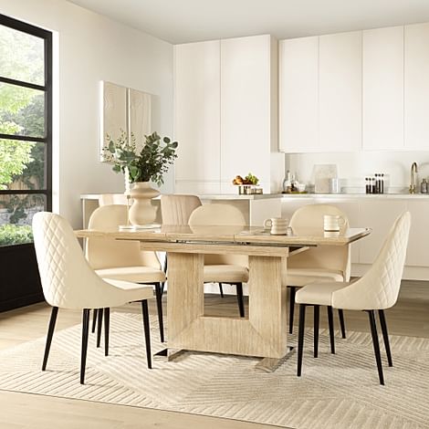 Florence Extending Dining Table & 4 Ricco Chairs, Travertine Stone Effect, Ivory Classic Plush Fabric & Black Steel, 120-160cm