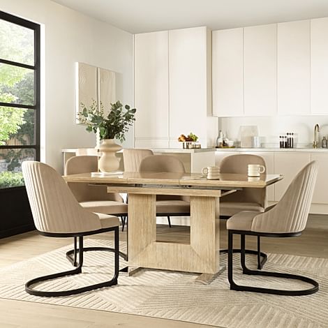 Florence Extending Dining Table & 4 Riva Chairs, Travertine Stone Effect, Champagne Classic Velvet & Black Steel, 120-160cm