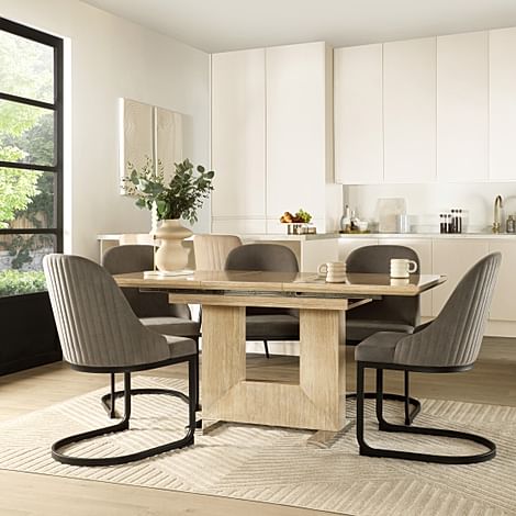 Florence Extending Dining Table & 4 Riva Chairs, Travertine Stone Effect, Grey Classic Velvet & Black Steel, 120-160cm