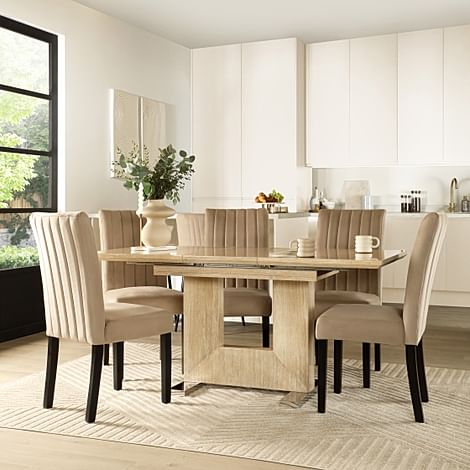 Florence Extending Dining Table & 4 Salisbury Chairs, Travertine Stone Effect, Champagne Classic Velvet & Black Solid Hardwood, 120-160cm