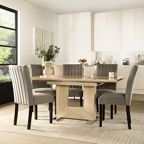 Florence Extending Dining Table & 4 Salisbury Chairs, Travertine Stone Effect, Grey Classic Velvet & Black Solid Hardwood, 120-160cm